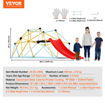 Klätterdome, 8FT geometrisk kupolklättrare med rutschkana, för barn 3 till 9 år gamla, Jungle Gym stöder 600 LBS och enkel montering, med klättergrepp, utomhus- och inomhuslekutrustning för barn