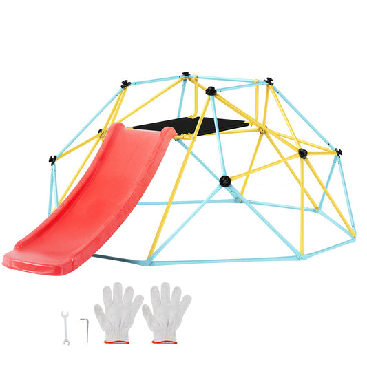 Klätterdome, 8FT geometrisk kupolklättrare med rutschkana, för barn 3 till 9 år gamla, Jungle Gym stöder 600 LBS och enkel montering, med klättergrepp, utomhus- och inomhuslekutrustning för barn