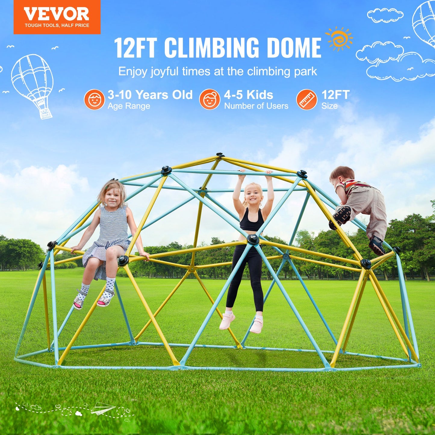 Kletterkuppel, 12 Fuß großes geometrisches Kuppel-Kletterspielzentrum für Kinder von 3 bis 10 Jahren, Klettergerüst trägt 750 Pfund und ist einfach zu montieren, mit Klettergriffen, Outdoor-Spielgerät für Kinder
