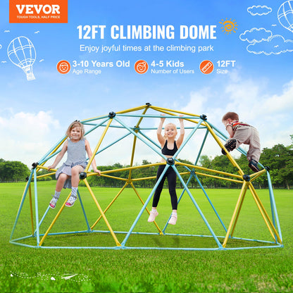 Kletterkuppel, 12 Fuß großes geometrisches Kuppel-Kletterspielzentrum für Kinder von 3 bis 10 Jahren, Klettergerüst trägt 750 Pfund und ist einfach zu montieren, mit Klettergriffen, Outdoor-Spielgerät für Kinder