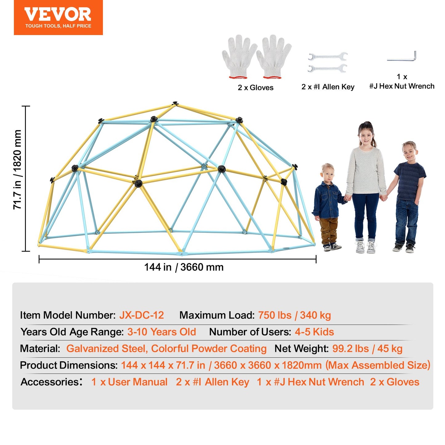 Kletterkuppel, 12 Fuß großes geometrisches Kuppel-Kletterspielzentrum für Kinder von 3 bis 10 Jahren, Klettergerüst trägt 750 Pfund und ist einfach zu montieren, mit Klettergriffen, Outdoor-Spielgerät für Kinder