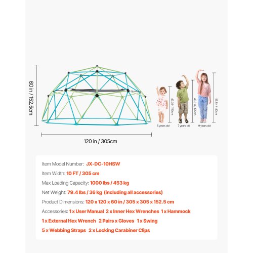 Climbing Dome 10FT Geometric Dome Climber Klinggym with Swing and Hammock | EU