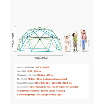 Climbing Dome 10FT Geometric Dome Climber Klinggym with Swing and Hammock | EU