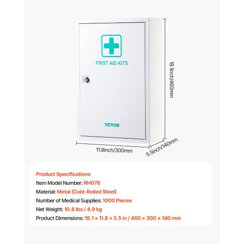 First aid cabinet with 3 shelves, 1000 pieces, wall-mounted metal medicine cabinet
