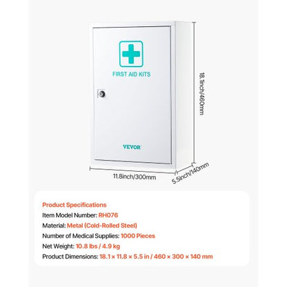 First aid cabinet with 3 shelves, 1000 pieces, wall-mounted metal medicine cabinet