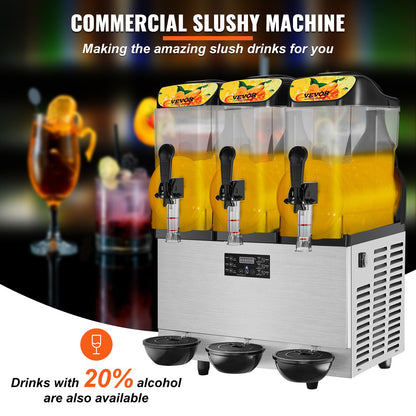 Slush Machine Commercial Slushy Machine 3 x 12L / 3.2 Gal Triple Bowl 72 Cups Output 220V 1300W Stainless Steel Margarita Smoothie Frozen Drink Maker