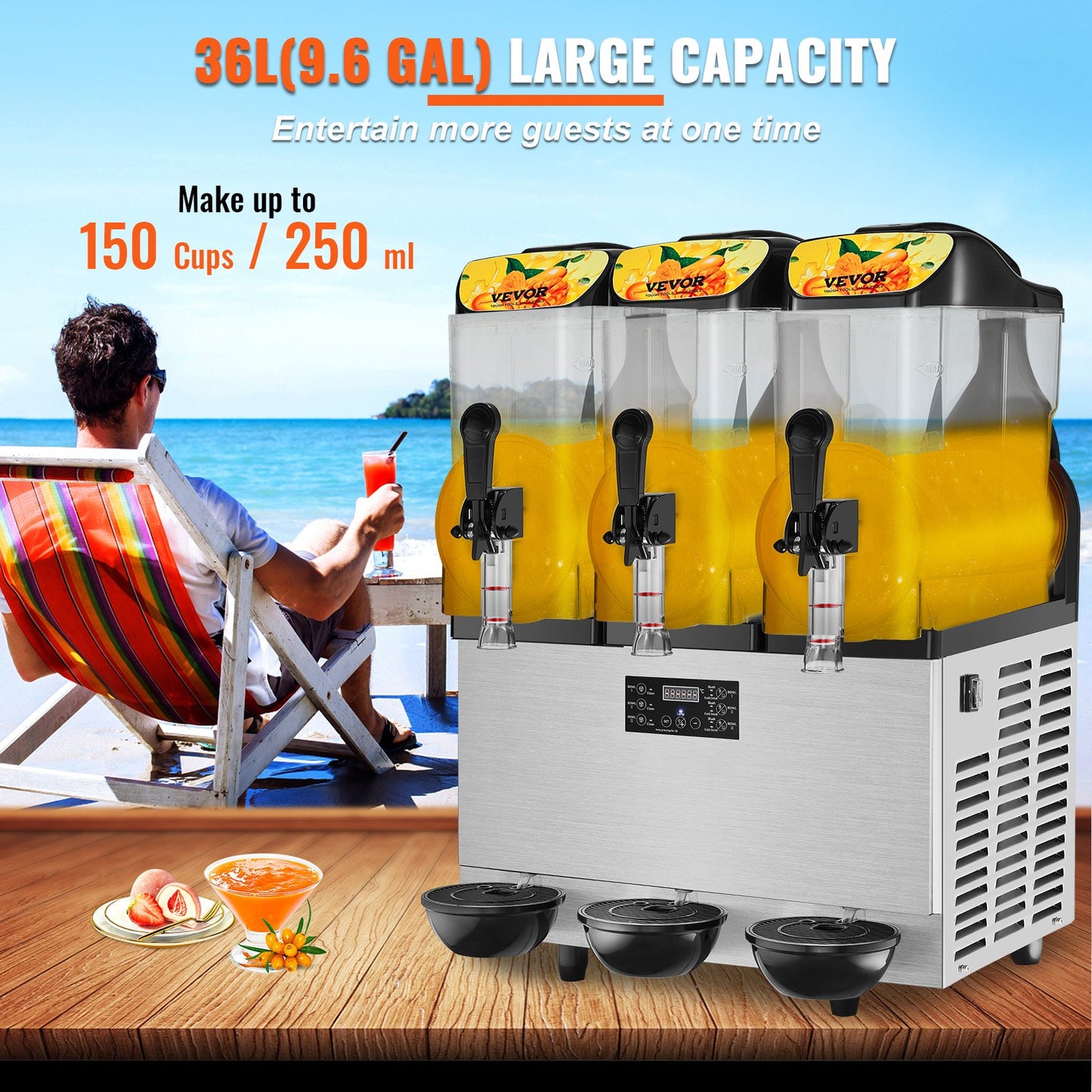 Slush Machine Commercial Slushy Machine 3 x 12L / 3.2 Gal Triple Bowl 72 Cups Output 220V 1300W Stainless Steel Margarita Smoothie Frozen Drink Maker
