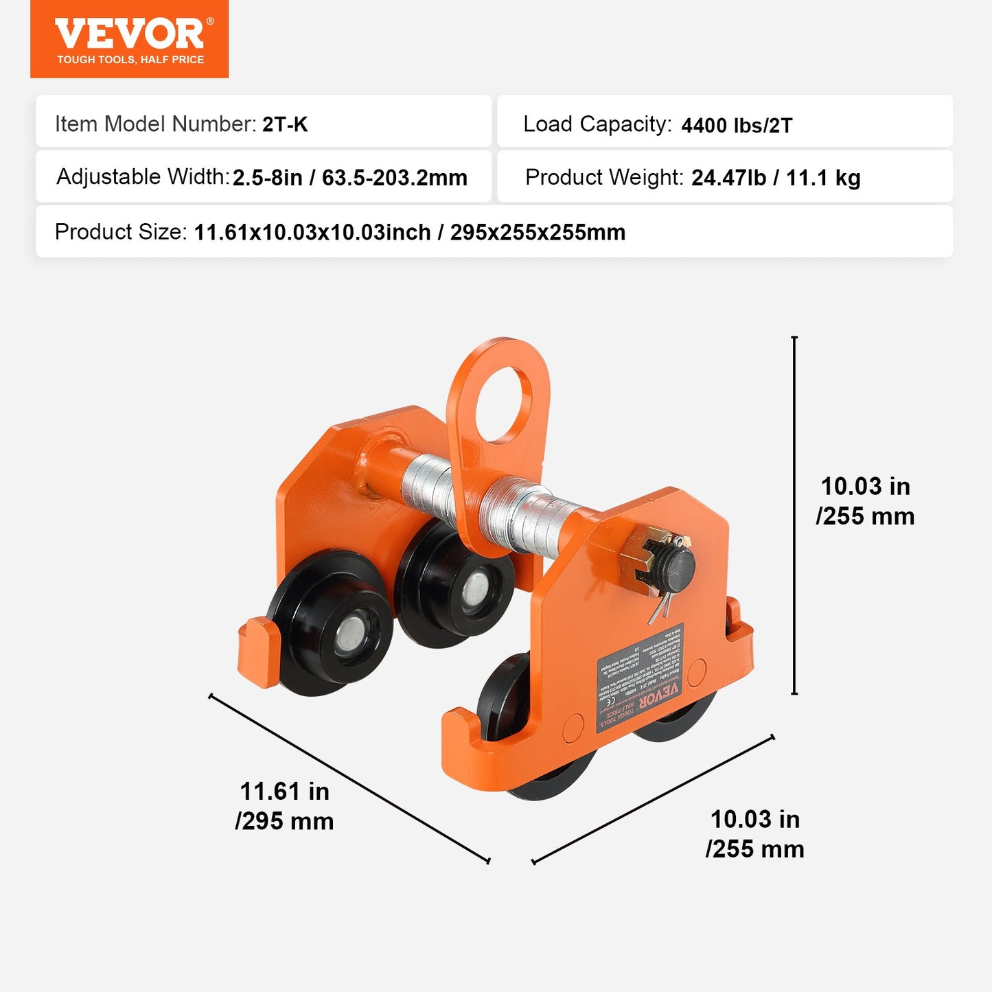 Manuell vagn, 4400 lbs/2 ton belastningskapacitet, skjutbalkvagn med dubbla hjul, justerbar för I-Beam flänsbredd 2,5" till 8", Heavy Duty legerat stål garagelyft för rakböjd I-balk
