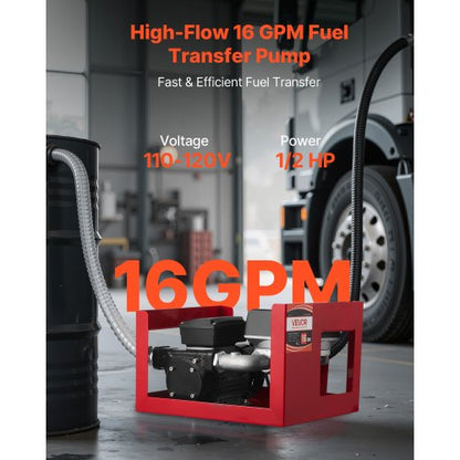 Bränsleöverföringspump 230V, 16 GPM 60 L/min, AC elektrisk oljeöverföringspump för diesel fotogen biodiesel, med mätare, automatiskt bränslemunstycke och 2 slangar, 45 ft/13,7 m lyft, för fordon, byggarbetsplatser |  EU