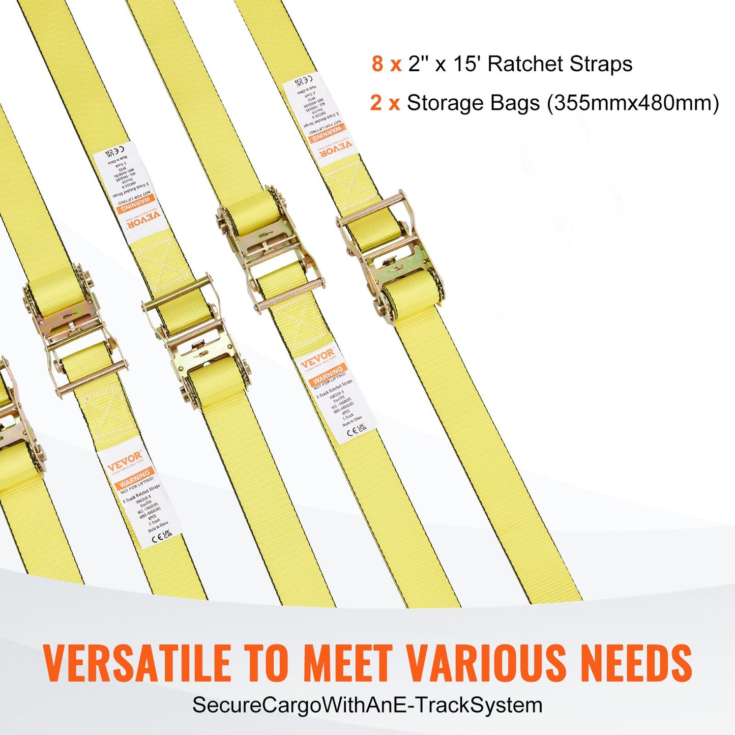 Ratchet Tie Down Straps (8PK), 4400 lb Breaking Strength, E-Track Endless Ratchet with 8 Premium 2" x 15" Ratchet Tie Downs Heavy Duty, for Moving Secure Cargo, Appliances, Lawn Equipment