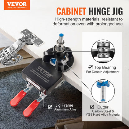 35 mm Dold Dörr Gångjärn Jig, Aluminiumlegering Skåp Gångjärn Jig, Exakt låsning Dubbla Clamp Fixering Gångjärn Borr Jig med tillbehör, Träbearbetningsverktyg för dörrar Skåp Gångjärn Montering