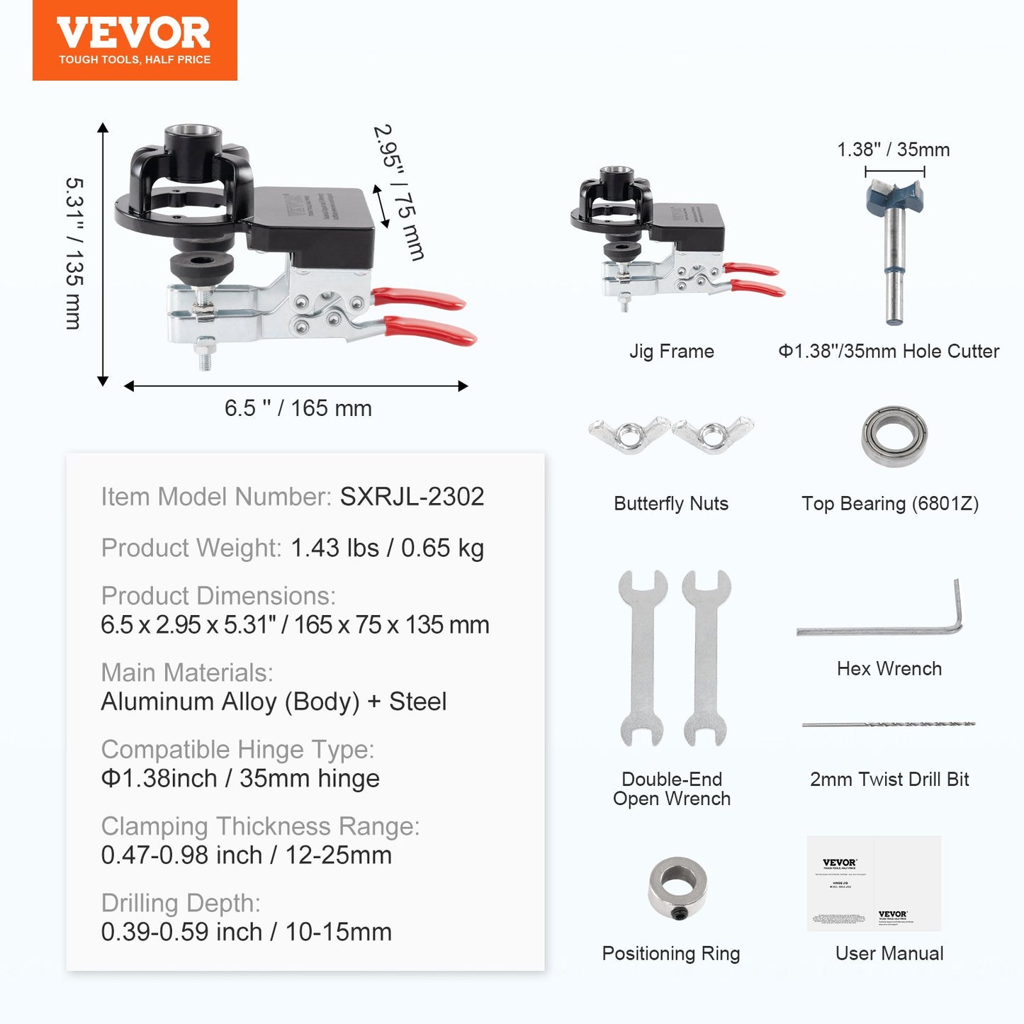 35 mm Dold Dörr Gångjärn Jig, Aluminiumlegering Skåp Gångjärn Jig, Exakt låsning Dubbla Clamp Fixering Gångjärn Borr Jig med tillbehör, Träbearbetningsverktyg för dörrar Skåp Gångjärn Montering