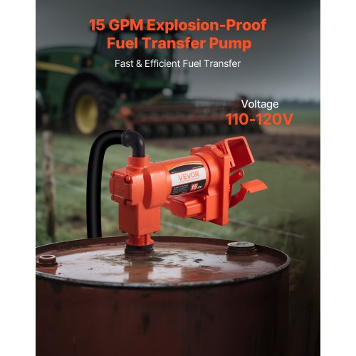 Bränsleöverföringspump 230V, 15 GPM 57 L/min, AC elektrisk oljeöverföringspump, 8 ft/2,4 m max sughöjd, 37 ft/11,28 m max lyfthöjd, överhettningsskydd, för bensin, diesel, fotogen, biodiesel, etanol |  EU