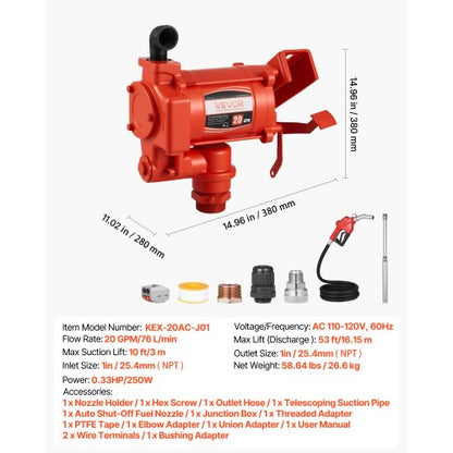 Bränsleöverföringspump 230V, 20 GPM 76 L/min, AC elektrisk oljeöverföringspump, med automatisk avstängning av bränslemunstycke och utloppsslang, högflödessats för bensin, diesel, fotogen, biodiesel, etanolblandningar |  EU