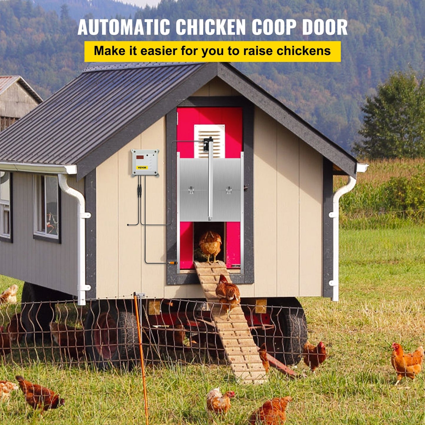 Automatic Chicken Coop Door, Timer and Light Sensor Chicken Door Opener, 12V 66W Chicken Coop Door, Electric Poultry Door Opener Kit with Infrared Sensor, Automatic Chicken Door with 2 Remote Controls