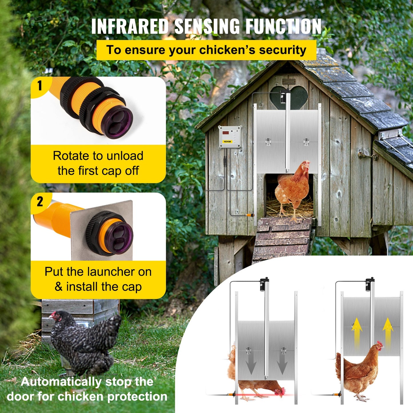 Automatic Chicken Coop Door, Timer and Light Sensor Chicken Door Opener, 12V 66W Chicken Coop Door, Electric Poultry Door Opener Kit with Infrared Sensor, Automatic Chicken Door with 2 Remote Controls