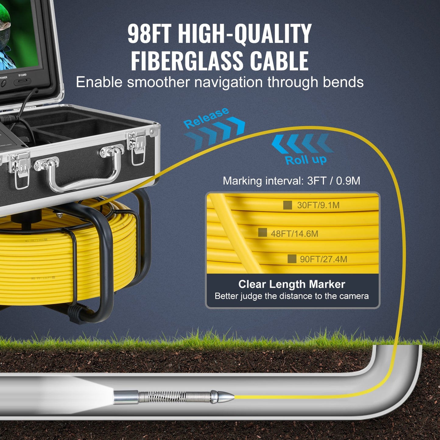 Sewer Camera 98 ft/30 m Self-Leveling Drainage Channel Camera with 512Hz Localization