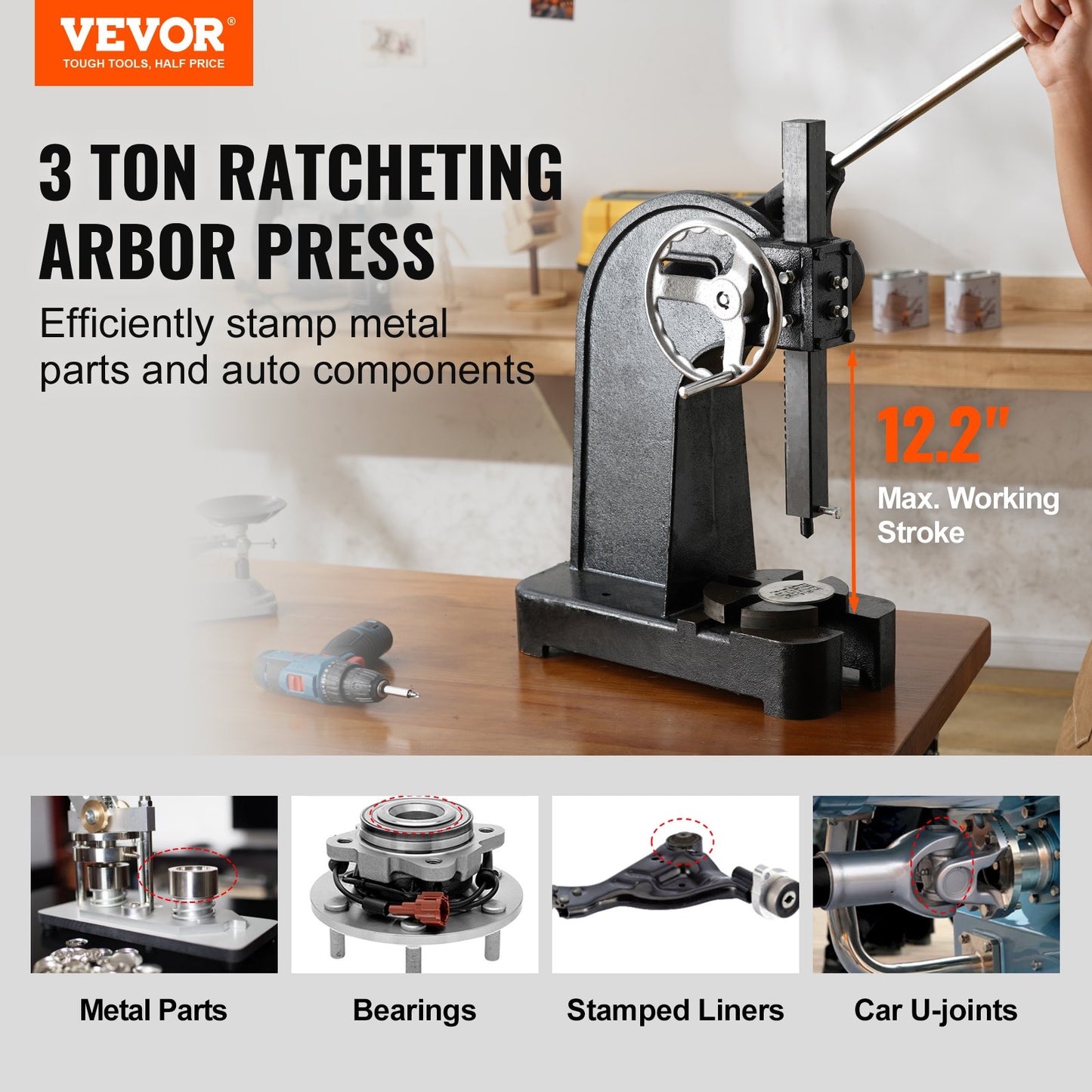 Arborpress, 3 tons spärrtyp arborpress, spärrhävstångsarborpress med handhjul, 12,2" maxhöjd, gjutjärn manuell skrivbordsstanspress, för stämpling, bockning, sträckning, formning