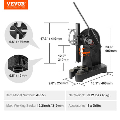 Arborpress, 3 tons spärrtyp arborpress, spärrhävstångsarborpress med handhjul, 12,2" maxhöjd, gjutjärn manuell skrivbordsstanspress, för stämpling, bockning, sträckning, formning
