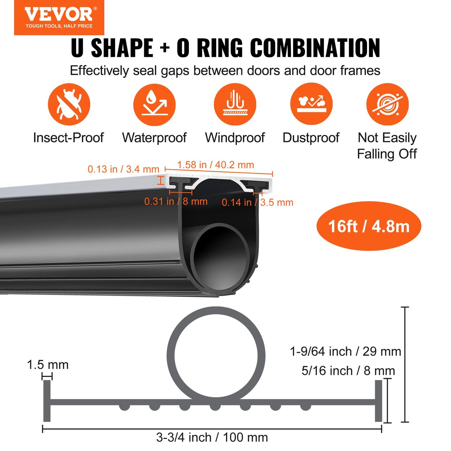 Garage Door Seals Bottom Rubber, U-Shape +O Ring Garage Door Bottom Weatherstrip with Pre-Drilled Aluminum Track Holder, 16 Feet 5/16 Inch T-Ends and 3 3/4 Inch Width, for Doors, Black