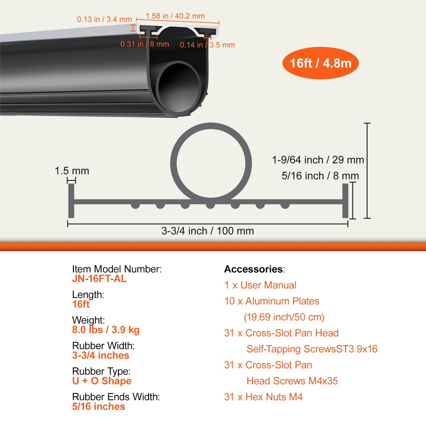 Garage Door Seals Bottom Rubber, U-Shape +O Ring Garage Door Bottom Weatherstrip with Pre-Drilled Aluminum Track Holder, 16 Feet 5/16 Inch T-Ends and 3 3/4 Inch Width, for Doors, Black