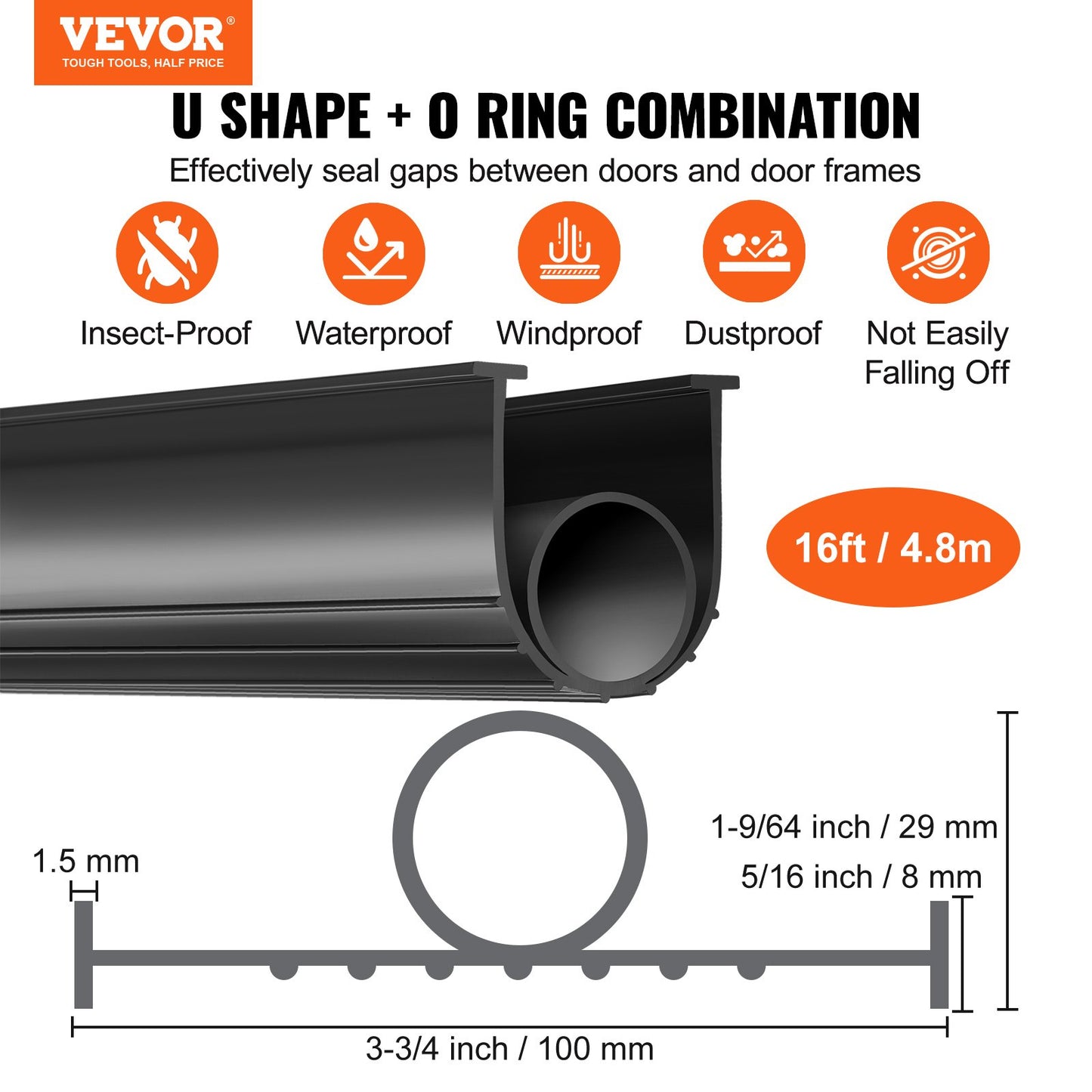 Garage Door Seals Bottom Rubber, U-Shape +O-Ring Combination Garage Door Bottom Weather Seal, 16 Feet Weatherproof Garage Door Seal, 5/16 Inch T-Ends and 3 3/4 Inch Width, for Doors, Black