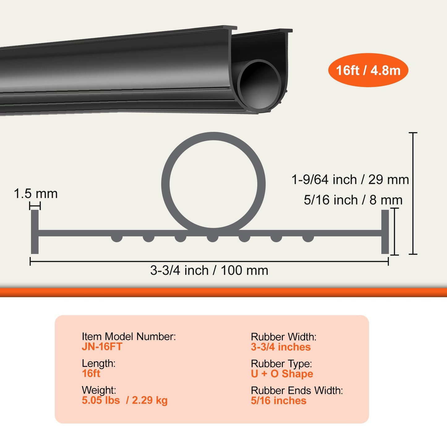 Garage Door Seals Bottom Rubber, U-Shape +O-Ring Combination Garage Door Bottom Weather Seal, 16 Feet Weatherproof Garage Door Seal, 5/16 Inch T-Ends and 3 3/4 Inch Width, for Doors, Black