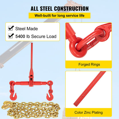 Chain Load Binder, 5/16\" Tie Down Kit med 6600LBS arbetslastkapacitet och två gripkrokar, inkluderar (4) Spärrbindare - (4) 21\' Grade 80 kedjor, transportlastpaket för dragning, bogsering