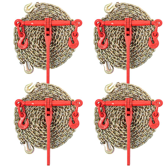 Chain Load Binder, 5/16\" Tie Down Kit med 6600LBS arbetslastkapacitet och två gripkrokar, inkluderar (4) Spärrbindare - (4) 21\' Grade 80 kedjor, transportlastpaket för dragning, bogsering