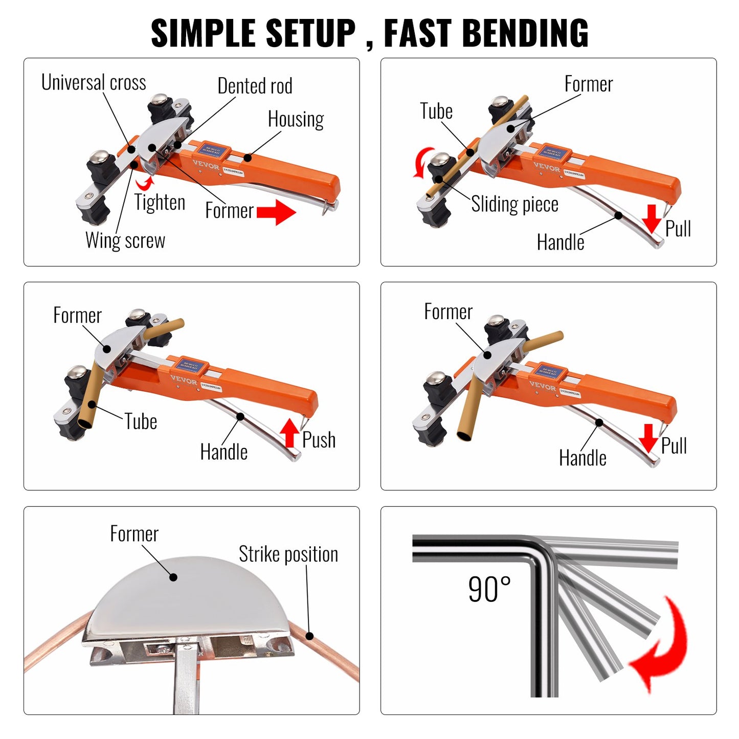 Pipe Tube Bender, 1/4"-7/8" Ratchet Pipe Bender, 90° Forward/Backward Pipe Bending Tool with 7 Nozzles for HVAC Air Conditioning Refrigerator Repair