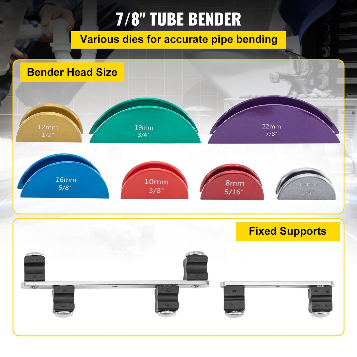 Copper Pipe Bender, 7 Colorful Dies 1/4-7/8 Inch 90 Degree Forward and Backward Bending, 6-22mm for Copper and Aluminum Pipe with Reverse Bending Attachment