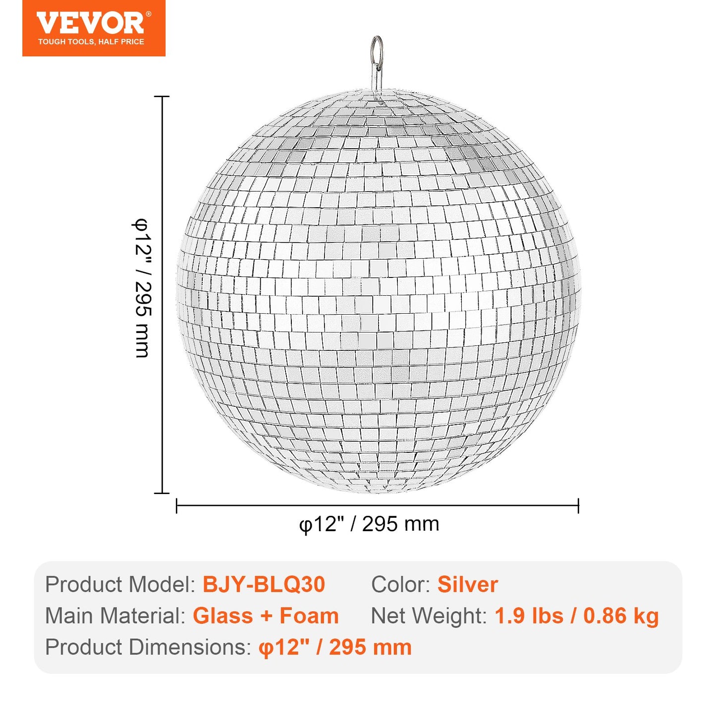Mirror Disco Ball 12 Inch Silver Party Disco Ball with Hanging Ring