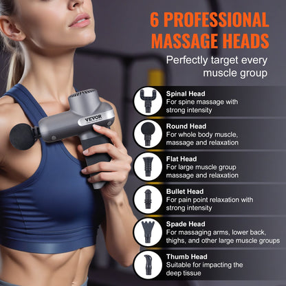 Massage Gun Deep Tissue Percussion Muscle Massager med 5 hastigheter 6 huvuden