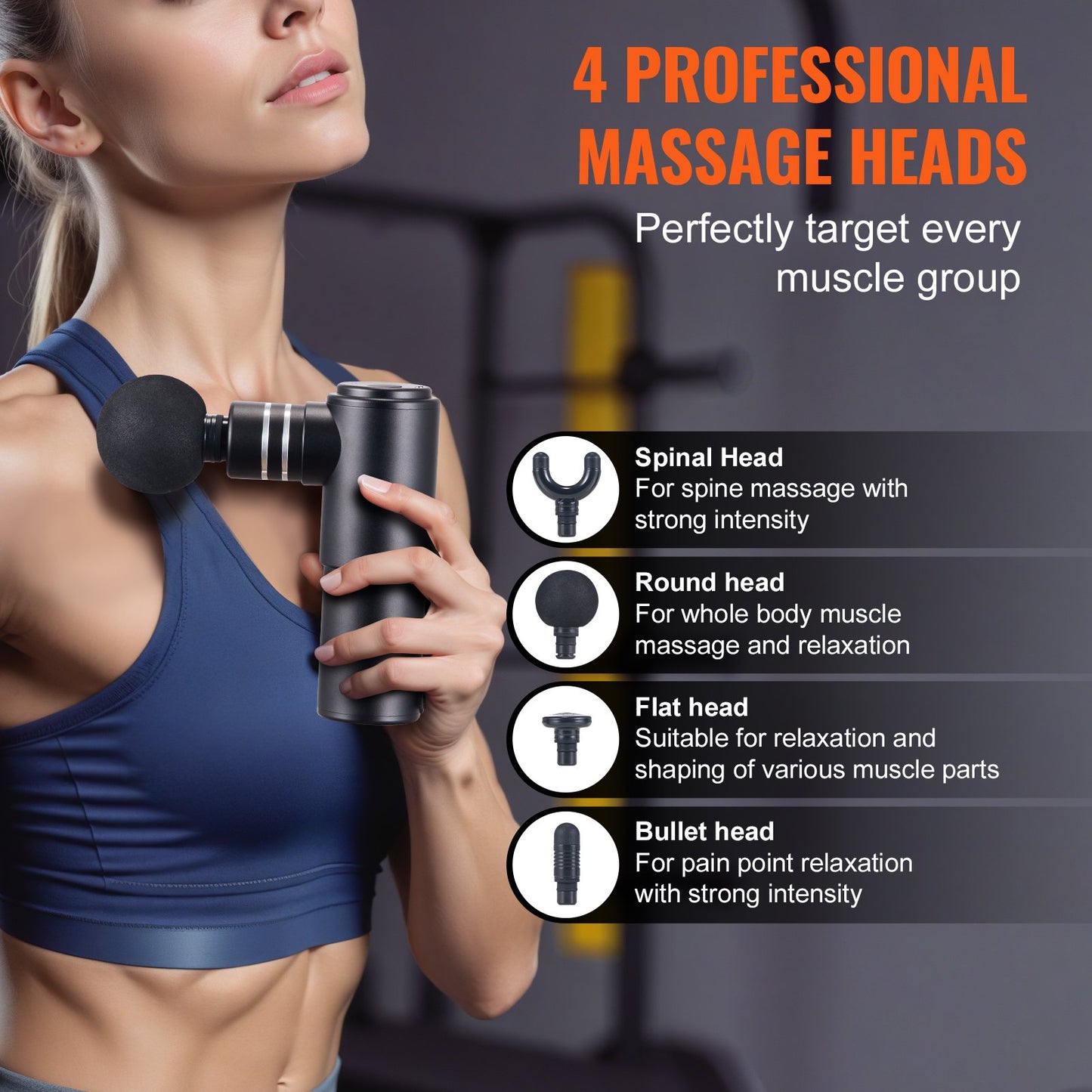 Massage Gun Deep Tissue Percussion Muscle Massager med 4 hastigheter 4 huvuden