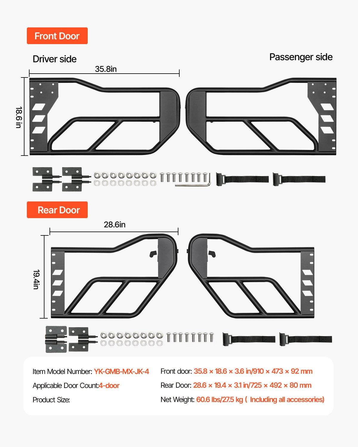 4-door Jeep Tube Doors Jeep Tube Doors for 2007-2018 Jeep Wrangler JK