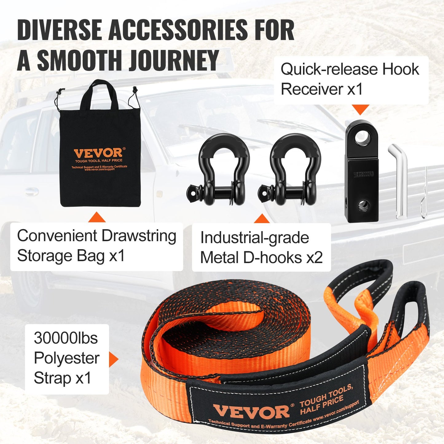 Off-Road Recovery Kit, 3" x 30", Heavy Duty Winch Recovery Kit med 30 000 lbs bogserband, 44 092 lbs D-Ring Shackles, Shackle Recovery och förvaringsväska, för terrängfordon, jeepar, terrängfordon, lastbilar