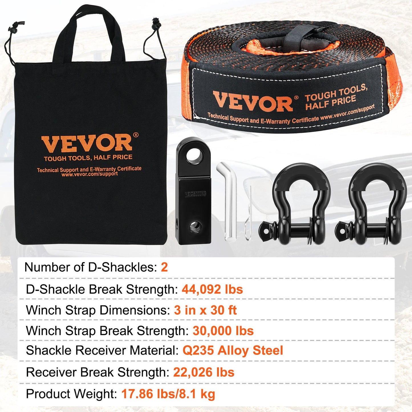 Off-Road Recovery Kit, 3" x 30", Heavy Duty Winch Recovery Kit med 30 000 lbs bogserband, 44 092 lbs D-Ring Shackles, Shackle Recovery och förvaringsväska, för terrängfordon, jeepar, terrängfordon, lastbilar