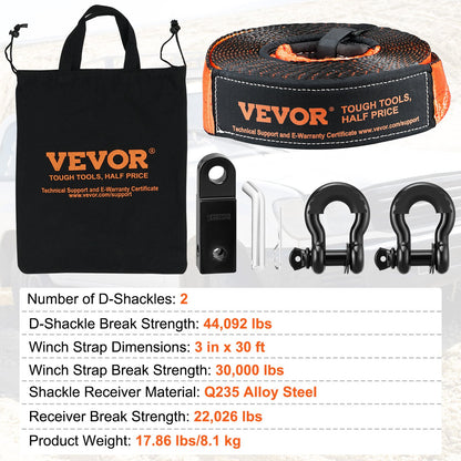 Off-Road Recovery Kit, 3" x 30", Heavy Duty Winch Recovery Kit med 30 000 lbs bogserband, 44 092 lbs D-Ring Shackles, Shackle Recovery och förvaringsväska, för terrängfordon, jeepar, terrängfordon, lastbilar