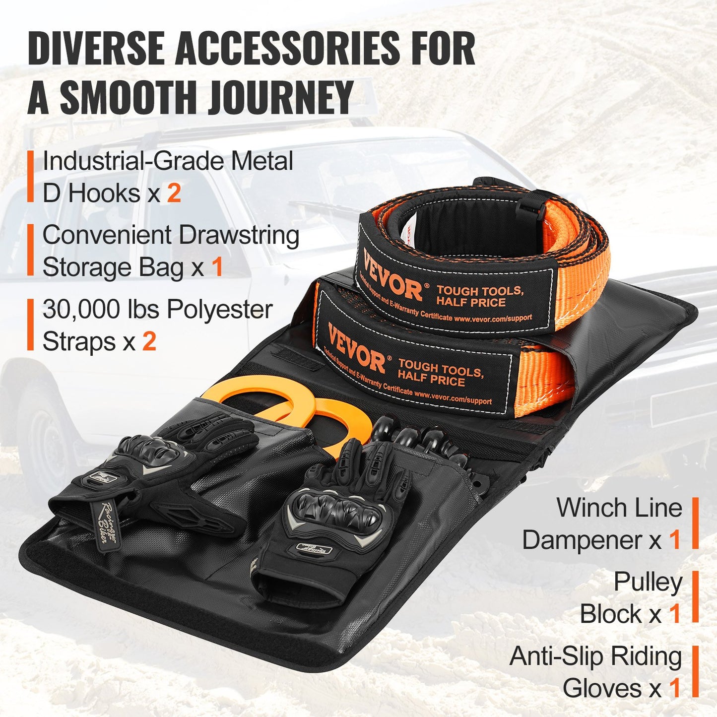 Off-Road Recovery Kit, 3" x 30', Heavy Duty Winch Recovery Kit med 30000 lbs bogserband, 44092 lbs D-Ring Shackles, Shackle Recovery, Snatch Block Pulley, Handskar, förvaringsväska för ATV Jeep Truck