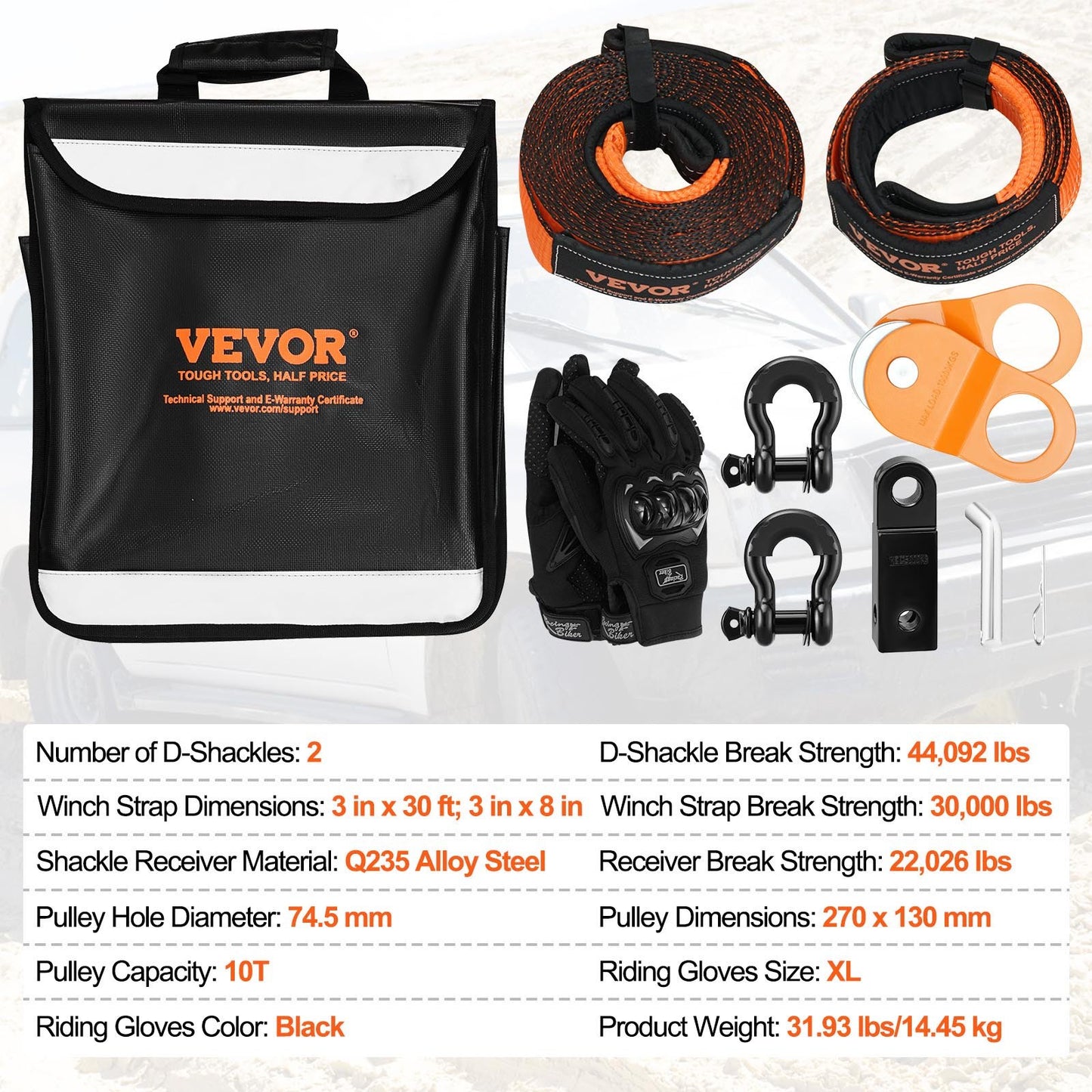 Off-Road Recovery Kit, 3" x 30', Heavy Duty Winch Recovery Kit med 30000 lbs bogserband, 44092 lbs D-Ring Shackles, Shackle Recovery, Snatch Block Pulley, Handskar, förvaringsväska för ATV Jeep Truck
