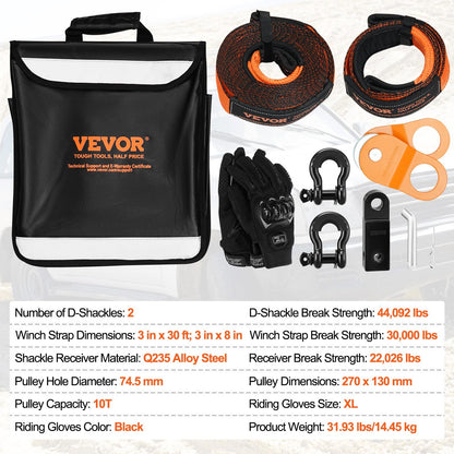 Off-Road Recovery Kit, 3" x 30', Heavy Duty Winch Recovery Kit med 30000 lbs bogserband, 44092 lbs D-Ring Shackles, Shackle Recovery, Snatch Block Pulley, Handskar, förvaringsväska för ATV Jeep Truck