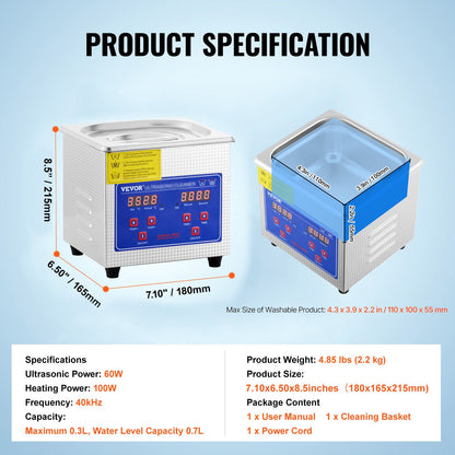 1.3L Ultrasonic Cleaner, Stainless Steel, Ultrasonic Cleaner Digital Heater Timer Jewelry Cleaner for Commercial Home Use (1.3L)
