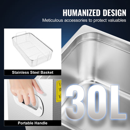 30L Ultraljudsrengöringsmaskin Rostfritt stål Ultraljudsrengöringsmaskin Digital Värmare Timer Smyckesrengöring för kommersiellt personligt hembruk (30L)