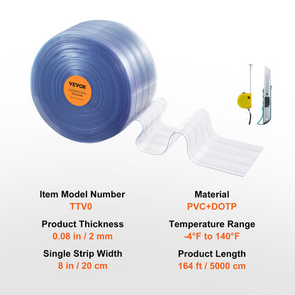 Strip Curtain, 164' Length x 8" Width x 0.08" Thickness, Clear Ribbed PVC Curtain Strip Door Bulk Roll, Plastic Door Strips for Doorways to Supermarket, Garage, Warehouse, Barn, Pet House