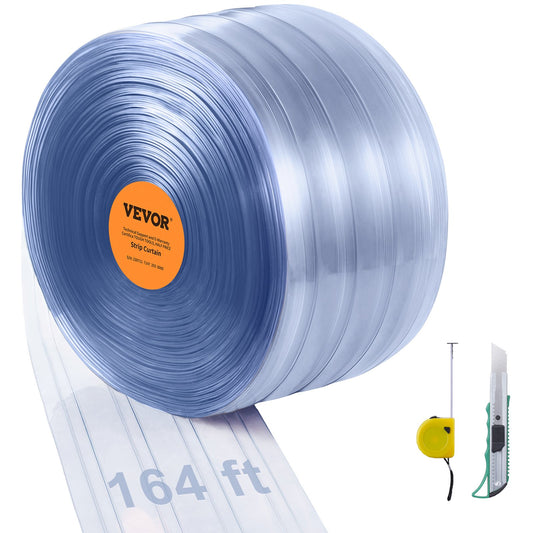Strip Curtain, 164' Length x 8" Width x 0.08" Thickness, Clear Ribbed PVC Curtain Strip Door Bulk Roll, Plastic Door Strips for Doorways to Supermarket, Garage, Warehouse, Barn, Pet House