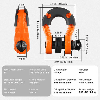 2-pack 3/4" D-ringschackel med 7/8" skruvstift 66139 lbs brottstyrka