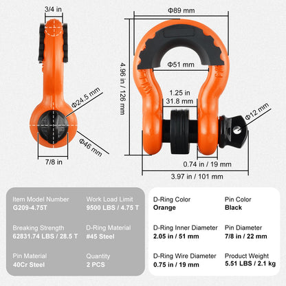 2-pack 3/4" D-ringschackel med 7/8" skruvstift 62832 lbs brottstyrka