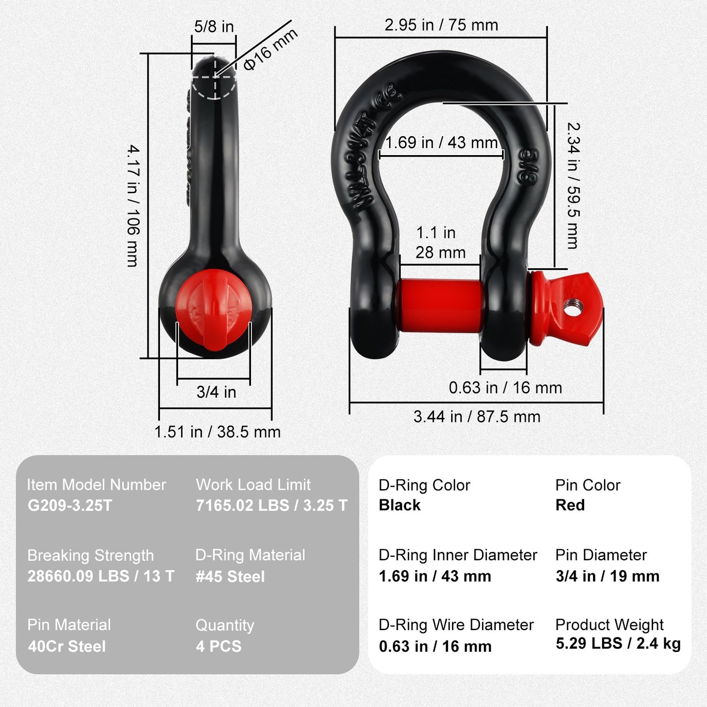 4-pack 5/8" D ringschackel med 3/4" skruvstift 28660 lbs brottstyrka