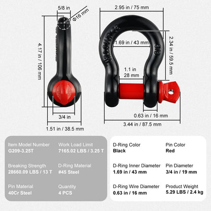 4-pack 5/8" D ringschackel med 3/4" skruvstift 28660 lbs brottstyrka