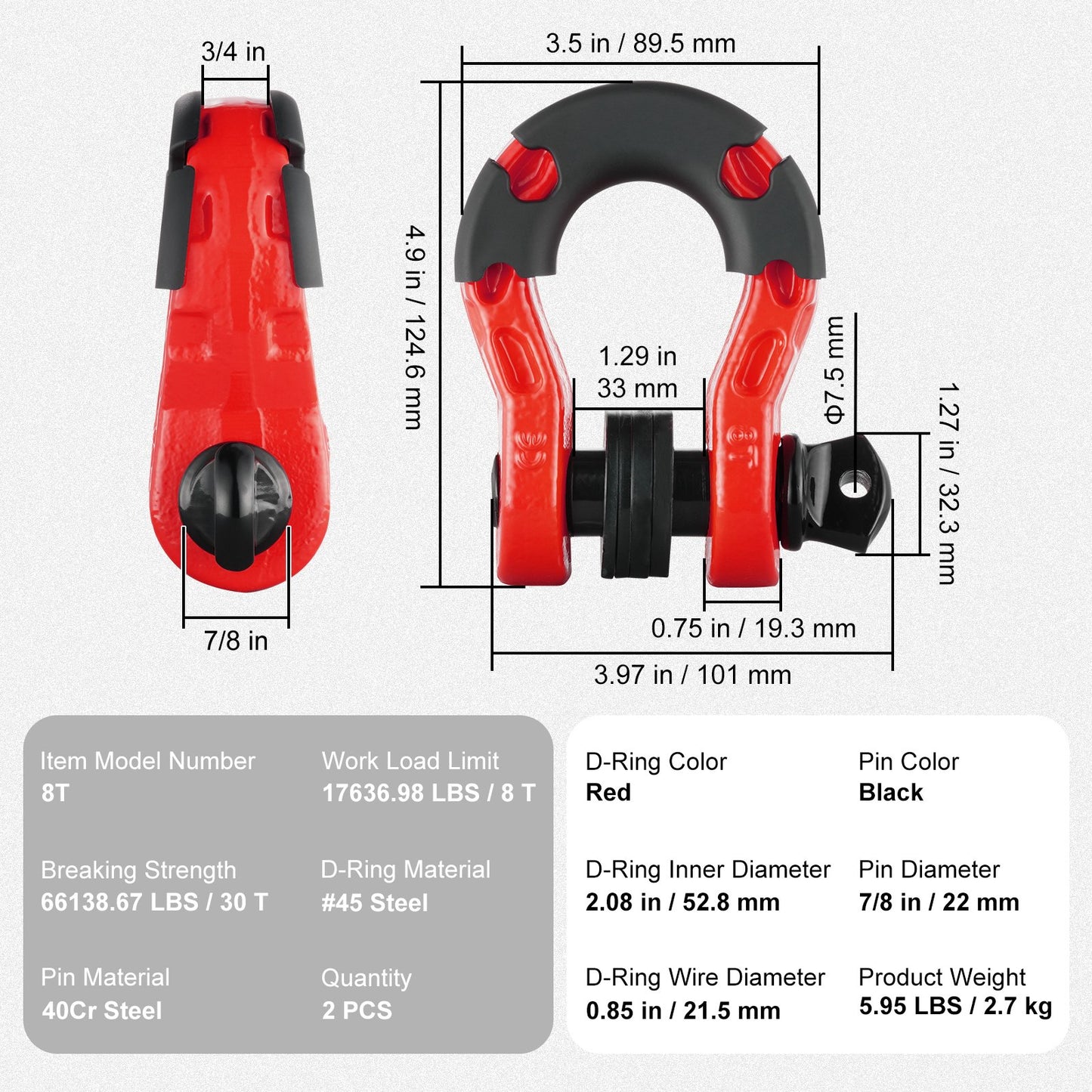 2-pack 3/4" D-ringschackel med 7/8" skruvstift 66139 lbs brottstyrka